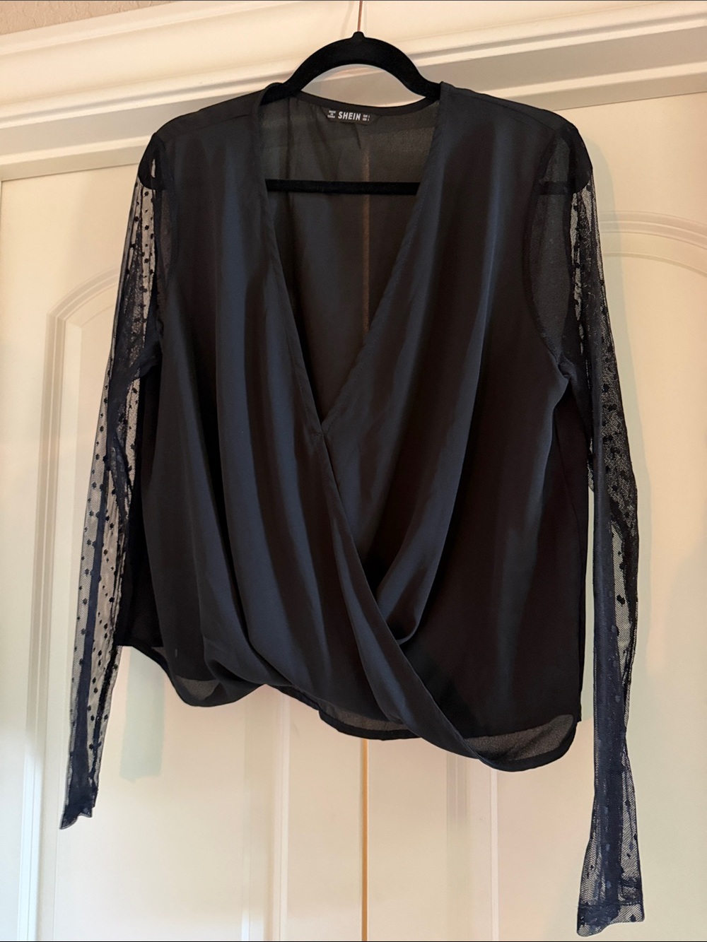 SHEIN Black Sheer Dot-Sleeve Wrap Blouse
